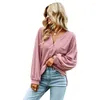 Women's T Shirts Women Long Sleeve Waffle Knit Cropped V Neck Plain Faux Button Loose Tops Dropship