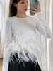 Women's T-Shirt TWOTWINSTYLE Casual Plain T Shirt For Women Round Neck Loose Long Sleeve Patchwork Feathers Pullovers Female Spring Clothes 230603