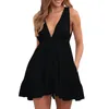 Casual Dresses Women Beach Short Dress Lace Up Backless Pleated A-Line Mini Deep V-Neck Fashion Summer Party Clubwear