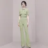 Women's Tracksuits Women's Office Ladies Summer Trousers Suit Fashion Women Lapel Zip Pockets Purple Slim Short Shirt Work Flare Pants