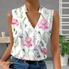 Damesblouses Opstaande kraag V-hals Mouwloos zomervest Kruisomslag Dunne zweetabsorptie Dames bloemenprint los T-shirt