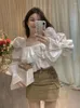 Kvinnors blusar Kvinnor Blus Spring Vintage Shirts Top Female Long Sleeve Mesh Design Tops Femme Ladies Casual Fashion Clothing G579