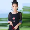 Roupas étnicas 2023 Tradicional Chinesa Vintage Patchwork Mesh Shirt National Flower Bordado Retro O-neck T-shirt Base