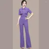 Women's Tracksuits Women's Office Ladies Summer Trousers Suit Fashion Women Lapel Zip Pockets Purple Slim Short Shirt Work Flare Pants