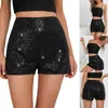 Shorts feminino Paillette Calça elegante com controle de barriga preto brilhante com forro em A