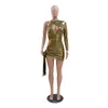 Casual Dresses Elegant One Shoulder Mini Dress For Women Sexy Cut Out Long Sleeve Bodycon Metallic Vestidos Fashion Night Club Party Outfits