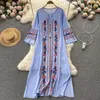 Kleider Blumen 2023 Weiße Kleider Sommer Vintage Retro Langarm Maxi Sale Hippie Strand Ethno Blau besticktes Kleid Ethno