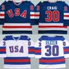 C2604 Mit Mens 30 Jim Craig Jersey 1980 Miracle On Ice Hockey Jerseys 100% Broderie cousue Team USA Hockey Jerseys Bleu Blanc S-3XL