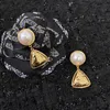 Brand Fashion Drop Triangle Jewelry Gold Color Big Pearls Earrings Camellia Luxury Tassel Pearls Design Wedding Party Earrings226f