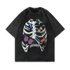 TKPA Butterfly Skull Print Wash Short Sleeve T-Shirt Men's Hip Hop High Street Par Top