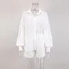 여자 트랙 슈트 여름 여성 반바지 세트 흰 셔츠 긴 소매 패션 용 느슨한 캐주얼 2 세트 복장 22076