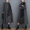 Casual Dresses European American Style Patchwork Print Polka Dots Chic Girl's Fashion Autumn Blouse Dress Dark Black Women Spring