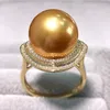 Anillos de racimo Gorgeous Giant 12-13mm Round Natural South China Sea Golden Pearl Ring