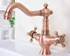 Badrumsvaskar Antika Red Copper Basin Taps Cross Handle Deck -kran och kallt vattenblandare TNF616