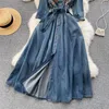 Klänningar Retro Heavy Industry Brodery Design Highend Ladies Temperament Long SingleBreasted Denim Dress Women Belted Robes M1634