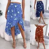 Kjolar sommargrön boho midi klänning retro lös high street kjol tryckt ruffle split strand elegant a-line kläder