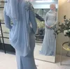 Sky Blue Caftan Turco Marroquino Mulheres Abaya Muçulmanos Vestidos de Noite Mangas Compridas Chiffon Drapped Rendas Apliques Vestidos de Festa Formais Sereia Dubai Robe Árabe CL2355