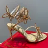 Rene Caovilla Sandals Designer Shoes Flower Serpentine 9.5cmの高さのかかと狭いバンドシューズクリスタルラインストーンスティレットヒールスリッパ女性ローマデザイナーサンダル