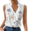 Damesblouses Opstaande kraag V-hals Mouwloos zomervest Kruisomslag Dunne zweetabsorptie Dames bloemenprint los T-shirt