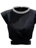 Women's T-Shirt Diamond Fashion Chic Midriff Outfit Short Sleeveless Vest T-shirt Women's Summer Black Girl Flounced Sleeve Top Tees 230603