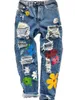 Dames Jeans Dames Gescheurde Jeans Mode Hoge Taille Bloemenprint Broeken Met Zakken Casual Stijl Bodems Tiener Denim Broek Dameskleding 230603