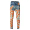 Męskie dżinsy dla facetów RIP Slim Fit Pantny Man Pants Orange Star Patches Nosząc motocyklowy dżins