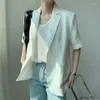 Kvinnors kostymer koreansk stil mode minimalism kvinnor svart vit casual linne blazer notched kort ärm lös jacka tidvatten 2023 sommar