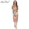 Work Dresses MoaaYina Fashion Designer Summer Suit Women's Turn-down Collar Short Sleeve Tops Pencil Skirt Vintage Print Two Pieces Set