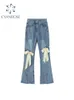 Calça Jeans Flare Calça Feminina Vintage Laço Rasgado Oco Senhoras Cintura Alta Harajuku Moda Bolso Elástico Calças Jeans Perna Larga 230603