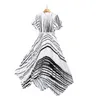 Summer White Striped Print Belted Dress Short Sleeve Stand Collar Pleated Midi Casual Dresses A3A101459