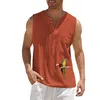 Men's Tank Tops Mens Summe Cotton Linen Sleeveless Shirt Loose Lace Up V-neck Shirts Male Streetwear Casual Tees Parrot Printed