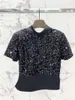 Damen T-Shirts 2023 Damenmode Kurzarm Casual Dreidimensionale Pailletten Nähte Echt Acetat Seide Satin Schmetterling Top 0301