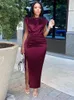 Dress Women Dress Pleated Long Wine Red Elegant Slit High Collar Slim Fit Sleeveless Maxi Robes Female Shiny Gowns Party 2023 Spring