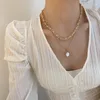 Hänge halsband franska anti-allergi oregelbunden sötvatten pärla guld pläterad chunky länk kedja skiktad för kvinnliga damer halsband