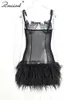 Basic Casual Dresses Znaiml Sexy Spaghetti Strap Backless Black Mesh See Through Fur Mini Dress for Women Summer Fashion Birthday PartyClubwear Robe 230603