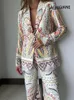 レディースツーピースパンツ女性トラフシックフラワープリントカジュアルブレザーファッション長袖ポケットレトロ女性エレガントジャケットフレアパンツセット230603
