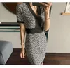 Women's Casual Dresses O-neck single breasted Short Sleeve houndstooth grid knitted Pencil Dress Bodycon slim waist dress Party Causal Blouse