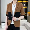 Men's Suits 2023 Summer Fashion Patchwork Suit Jacket Thin 3/4 Sleeve Casual Blazer Streetwear Slim Social Barber Dress Coat Men Clothing