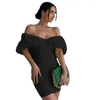 Party Dresses Sexig Solid Off the Shoulder Pleated Ladies Dress Sweet Slash Neck Backless Short Women Fashion Bodycon Robe 26721