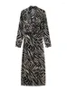 Robes décontractées pour femmes 2023 Vintage imprimé Animal longue robe avec boucle ceinture col en V manches à col avant fente ourlet Maxi