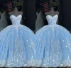 2023 Sky Blue Quinceanera Dresses with equins Lace Hobique Sweetheart Length Tulle Corset Back Sweet 16 Party Prom Ball Evening Vestidos