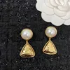 Brand Fashion Drop Triangle Jewelry Gold Color Big Pearls Earrings Camellia Luxury Tassel Pearls Design Wedding Party Earrings226f