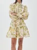 Freizeitkleider Damen Laternenärmel Stehkragen Einreihiges elegantes Leinen-Minikleid