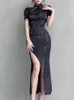 Kleid Frau Elegante Schwarz Langarm Bandage Sexy Gothic Damen Cheongsam Chinesische Enge Y2k Club Party Split Kleider