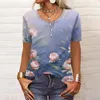 Women's T Shirts Women's Button V-Neck Fashion Print Short Sleeve Retro T-shirt Top Casual Tops Overized Tshirts Ropas Para Mujer