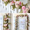 Fiori decorativi 230 cm / 91 pollici Decorazioni di nozze in rosa di seta Ivy Vine Decorazioni ad arco artificiale con foglie verdi Appese a parete Ghirlanda A0332