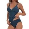 Women's Swimwear Women V Neck Monokini Bikini Tankini Set Push Up Bathing Suit Ruched Swimsuit Criss Solid Color With Shorts