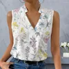 Damesblouses Opstaande kraag V-hals Mouwloos zomervest Kruisomslag Dunne zweetabsorptie Dames bloemenprint los T-shirt