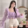 Kvinnors blusar Kvinnor Blus Spring Vintage Shirts Top Female Long Sleeve Mesh Design Tops Femme Ladies Casual Fashion Clothing G579