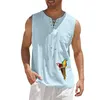 Men's Tank Tops Mens Summe Cotton Linen Sleeveless Shirt Loose Lace Up V-neck Shirts Male Streetwear Casual Tees Parrot Printed